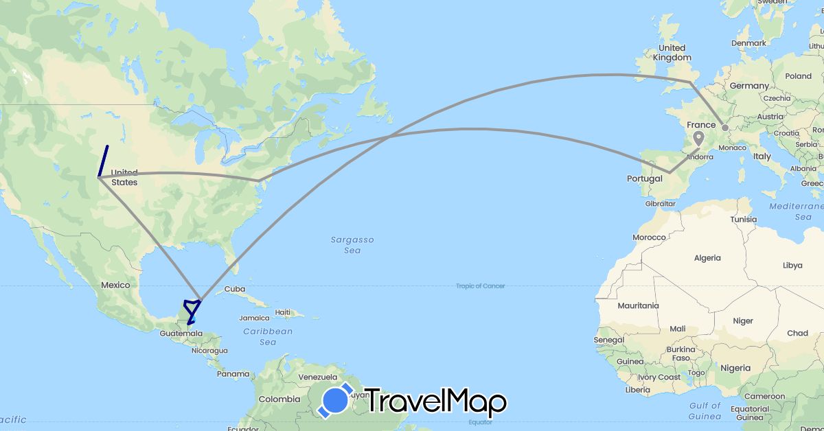 TravelMap itinerary: driving, plane, boat in Belize, Switzerland, Spain, France, United Kingdom, Mexico, United States (Europe, North America)